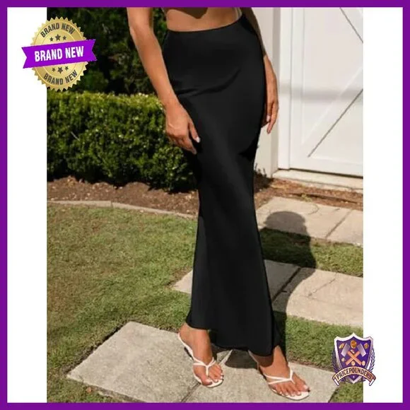 Satin High Waisted Maxi Skirt Hidden Elastic Waistband A-Line Long - Picture 4 of 8